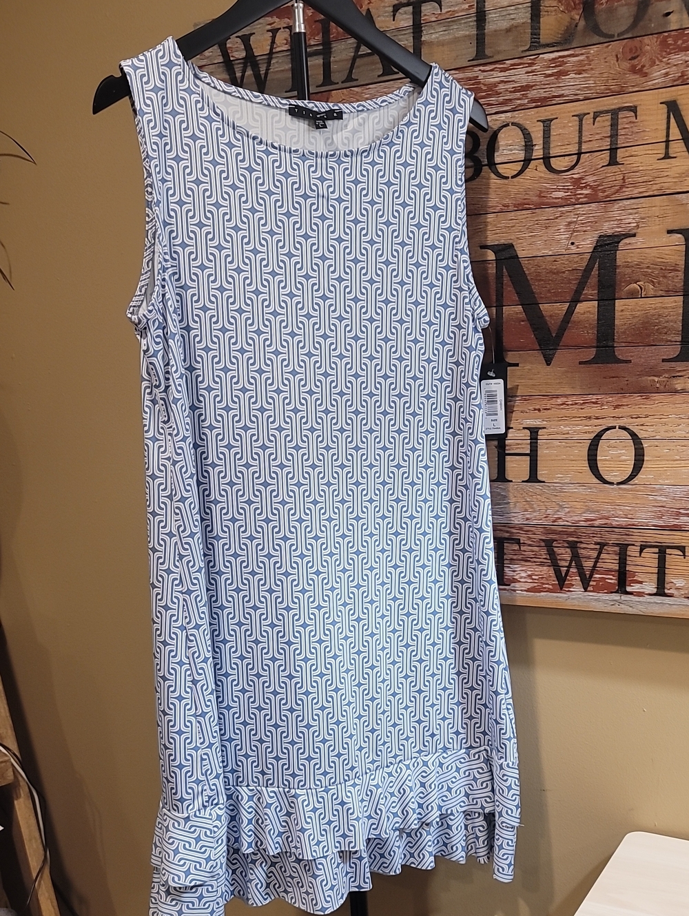 Tiana B. Blue and White Geometric Ruffle-Hem Mini Dress